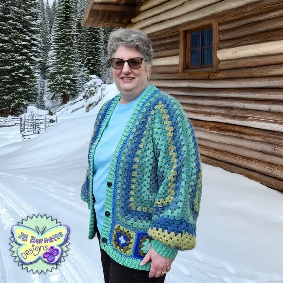 Handmade Oversize Crochet Cardigan Green Blue Warm Sweater, BOHO Granny Squares - Picture 3 of 15